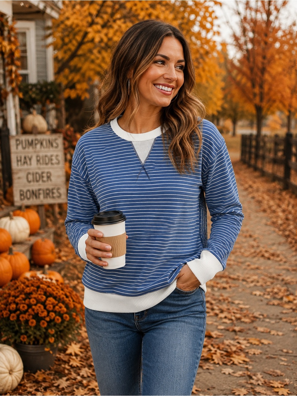 7th Ray Blue and White Striped Crewneck long sleeve tee